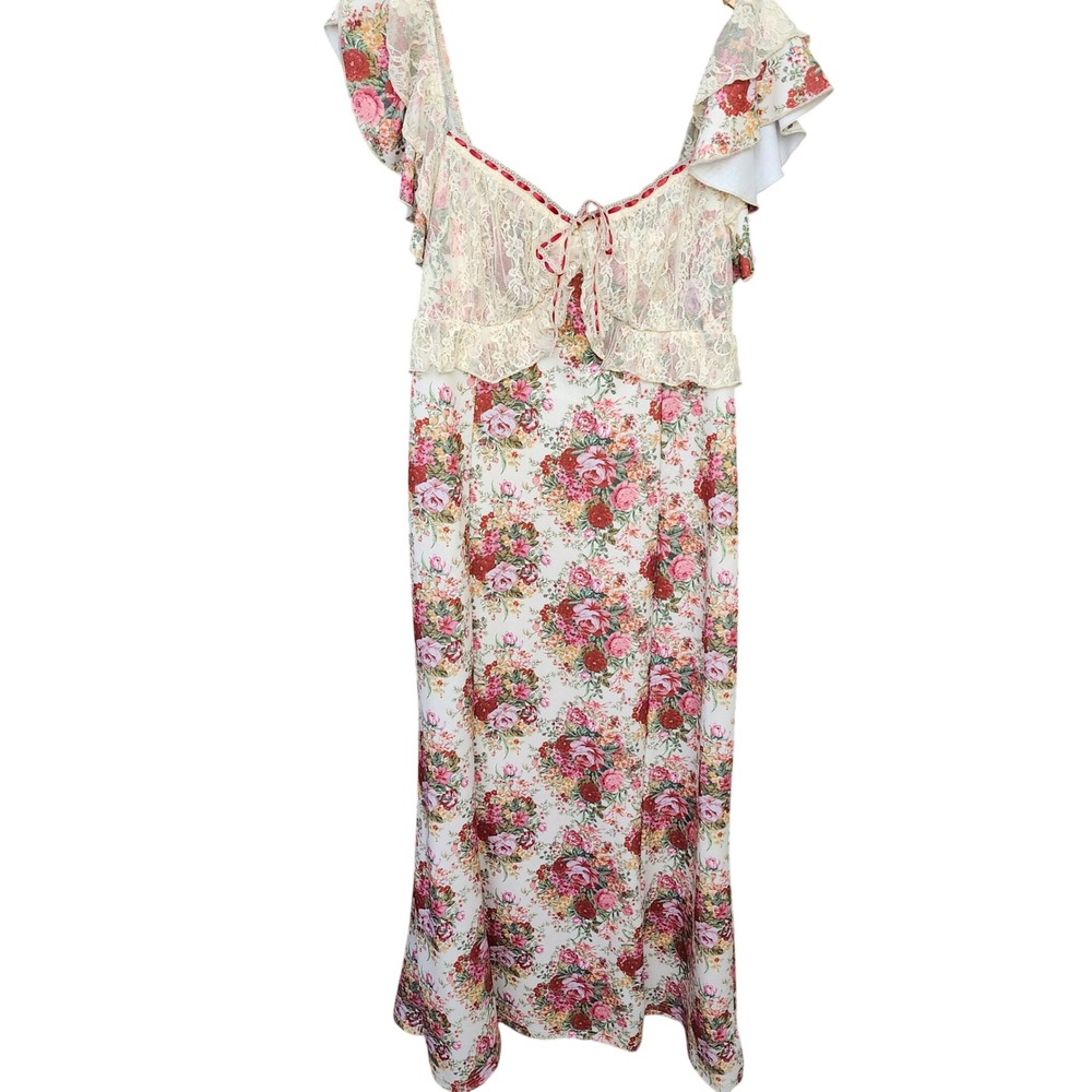 Floral Lace Trim Ruffle Sleeve‎ Midi Dress 1XL Pink Cream Cottagecore Fairycore